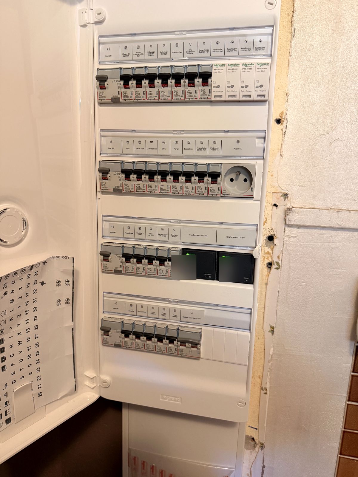 Tableau de distribution rénové par ROGER : rangées de disjoncteurs avec circuits repérés